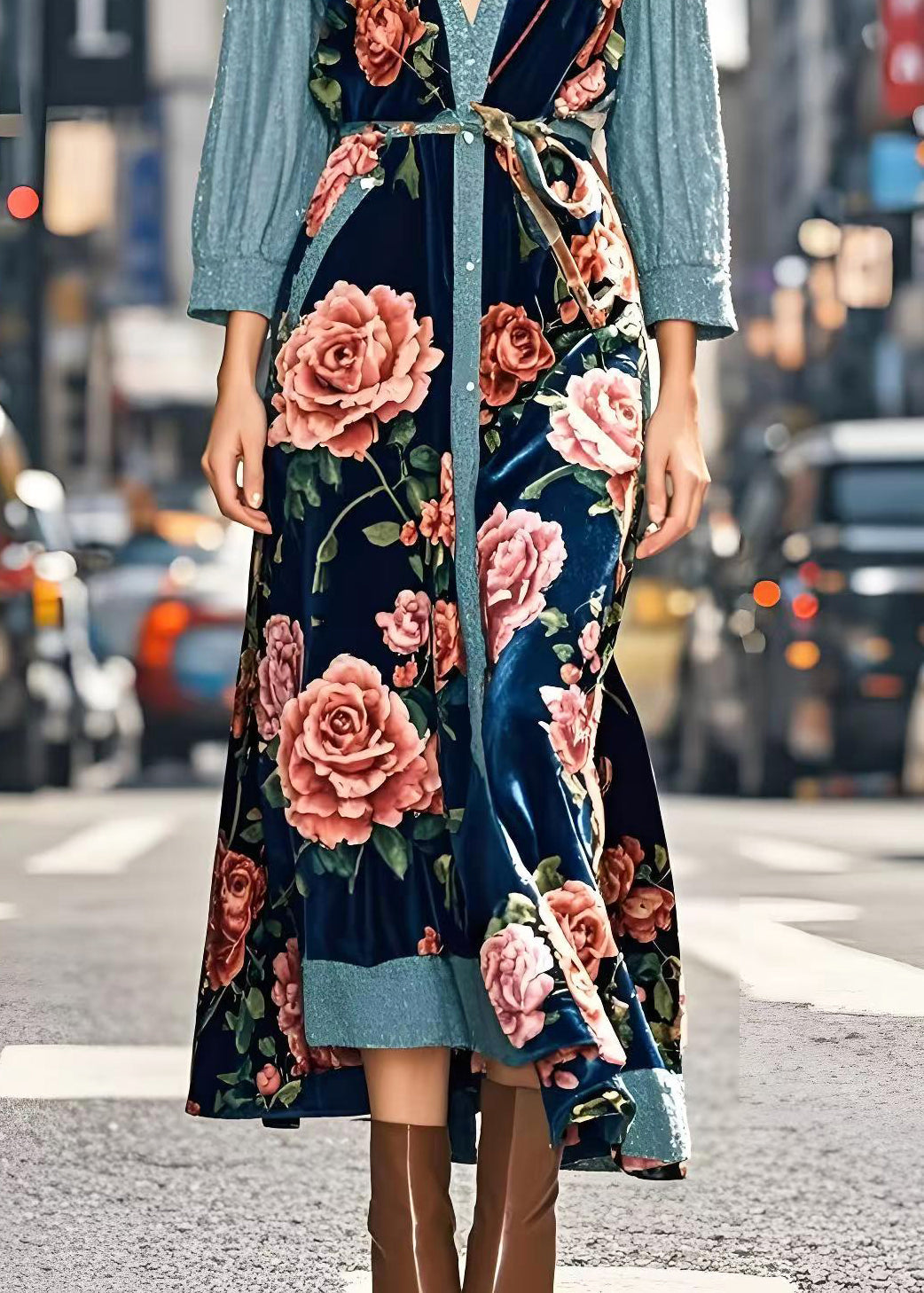 Art Peacock Blue Patchwork Silk Velour Long Dresses Spring