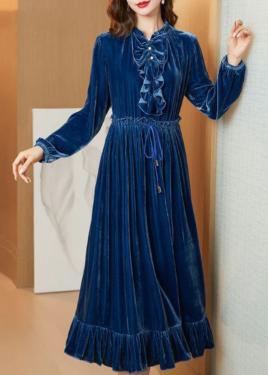 Navy Cinched Patchwork Ruffles Silk Velour Long Dress Spring