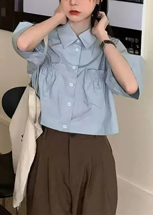 New Blue Peter Pan Collar Button Pockets Cotton Shirt Summer