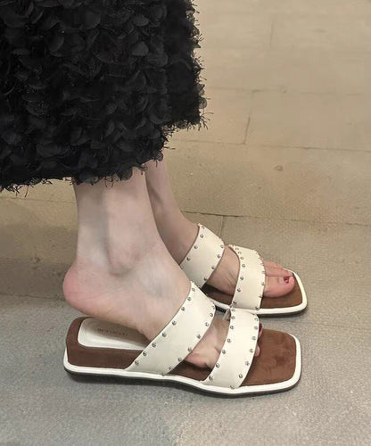 Beige Rivet Splicing Wedge Slide Sandals Peep Toe
