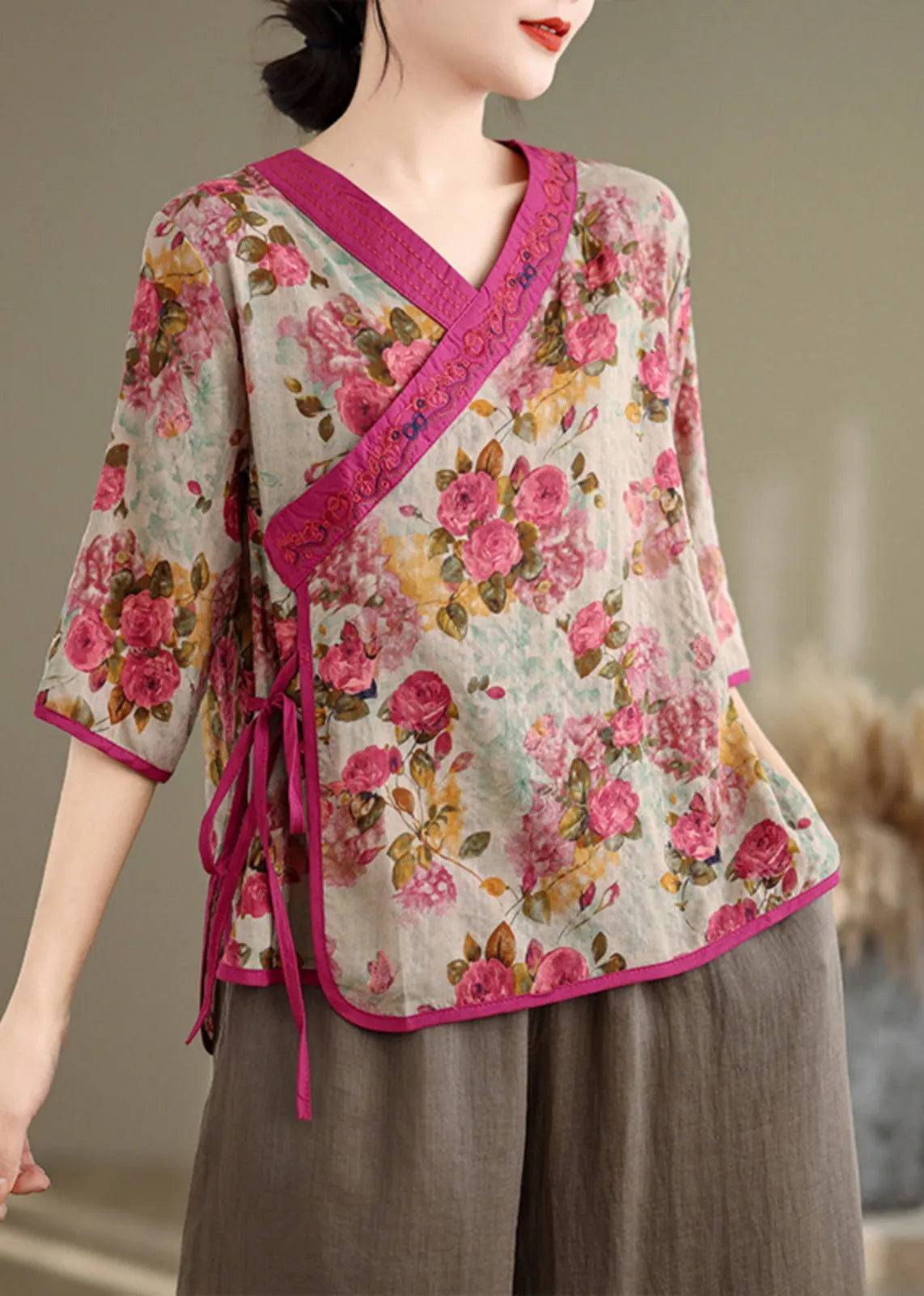 Art Red Embroidered Print Linen Top Half Sleeve