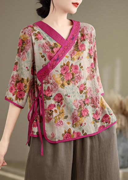 Art Red Embroidered Print Linen Top Half Sleeve