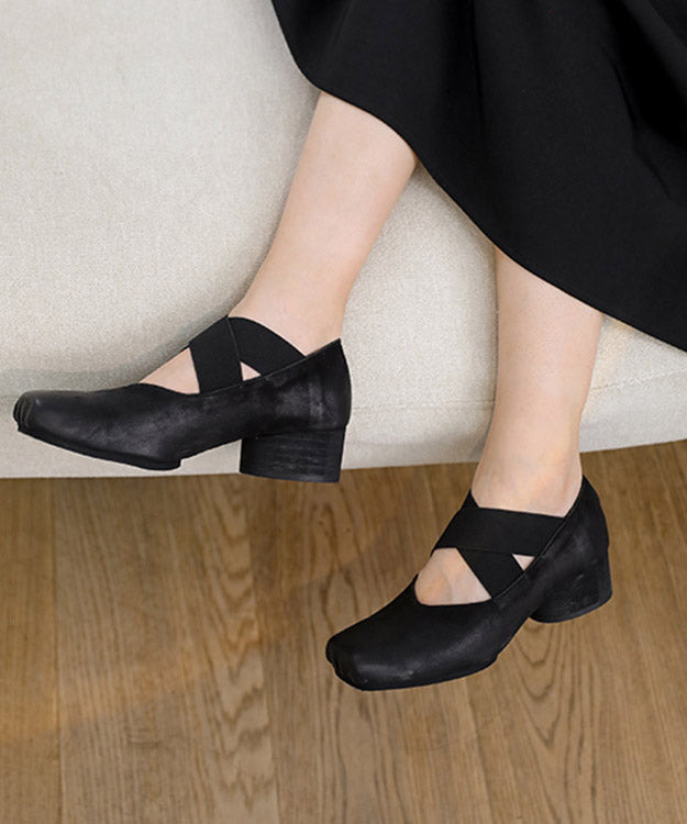 Black Cowhide Leather Cross Strap High Heels