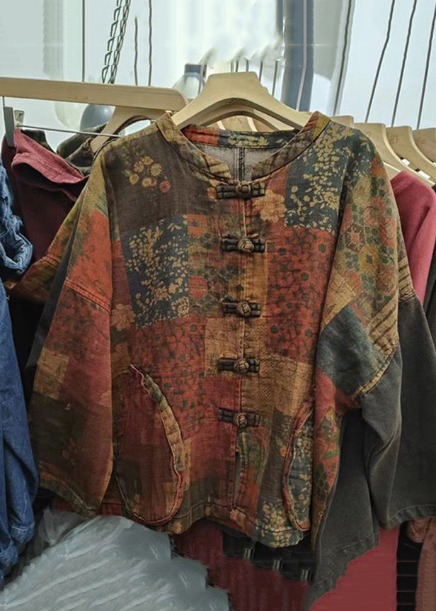 Print Button Patchwork Cotton Coat Long Sleeve Spring