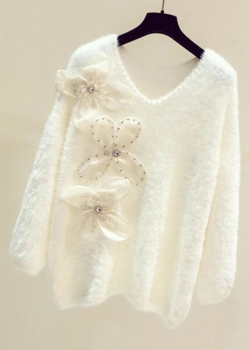 Pink V Neck Cozy Mink Hair Knitted Sweater Winter