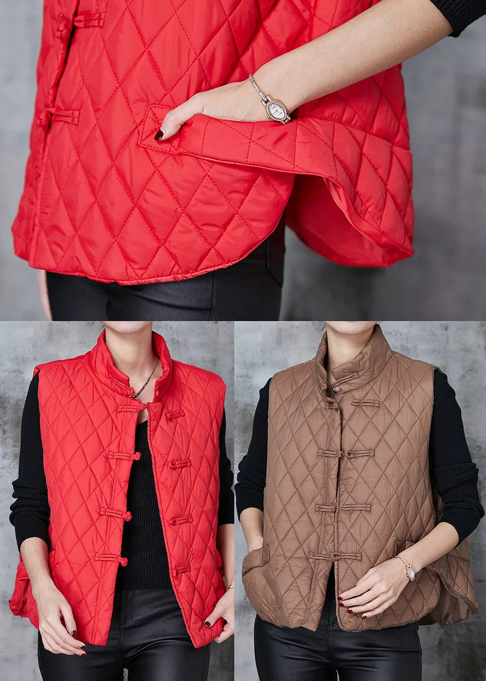 Coffee Chinese Button Duck Down Down Vests Spring
