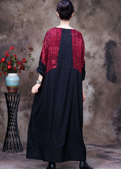 Black Patchwork Red O-neck Pockets Silk Dresses Spring
