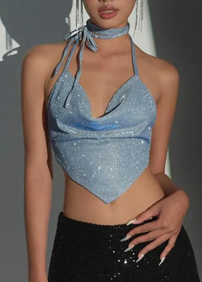 Blue Backless Button Lace Up Tanks Sleeveless