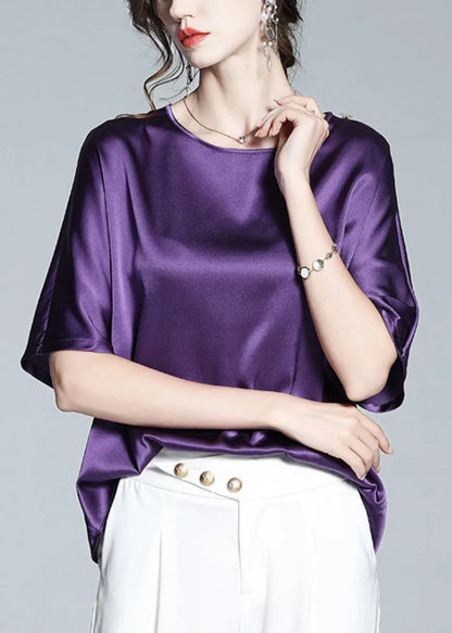 Modern Purple O-neck Silk Top Short Sleeve