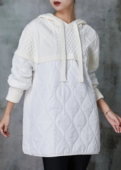 White Hooded Patchwork Knit Sweatshirt Spring