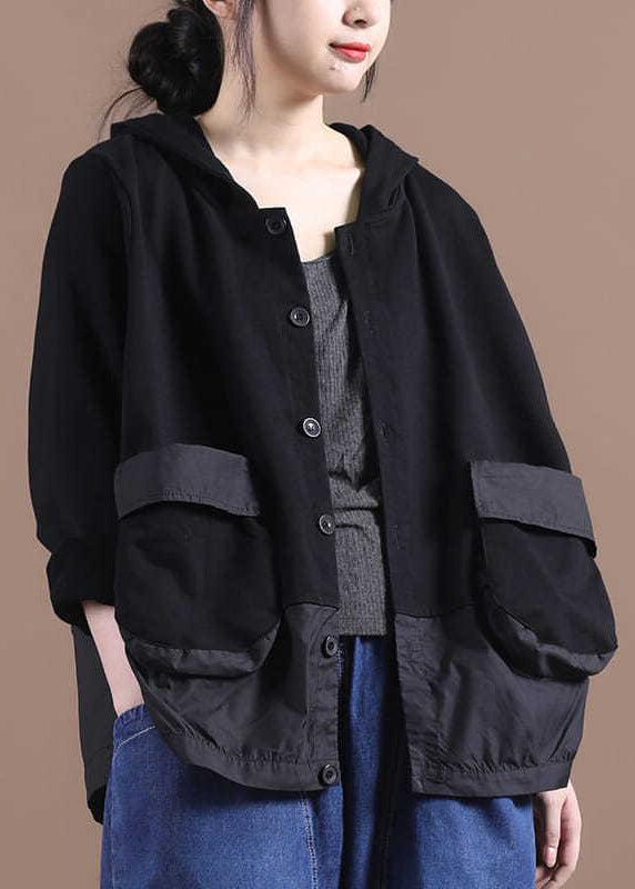 Black O-neck Patchwork Pockets Button Hooded Coat Long Sleeve