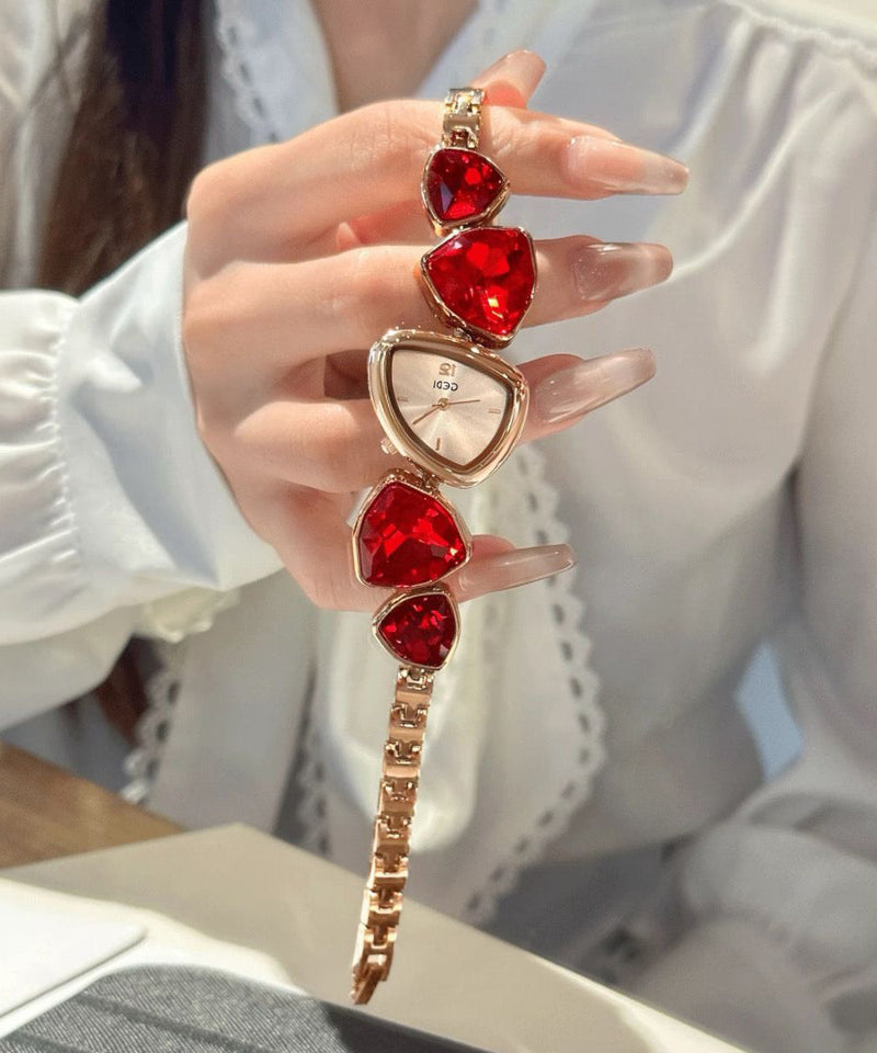 Red Stainless Steel Alloy Asymmetrical Gem Stone Watches