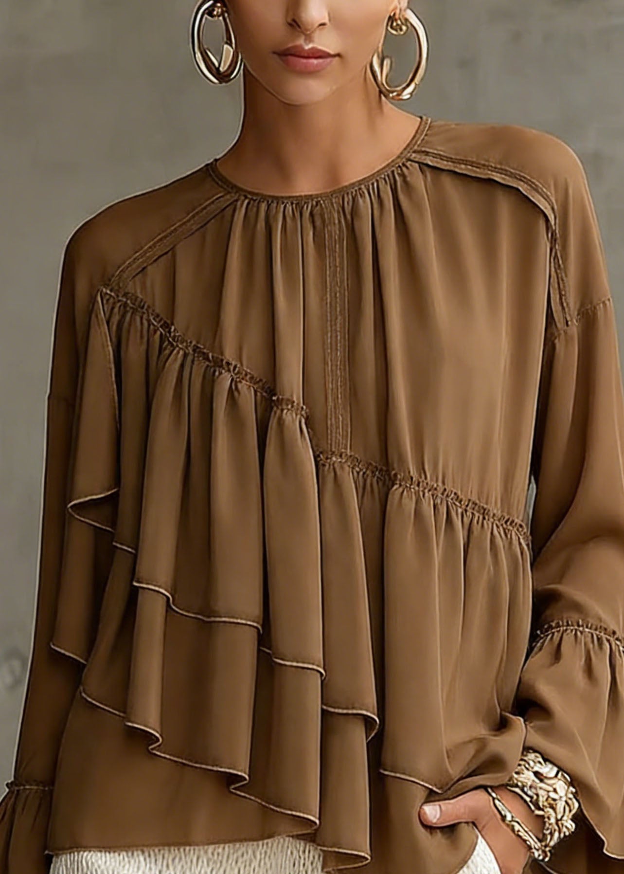 New Brown Asymmetrical Ruffled Patchwork Chiffon Shirt Top Spring