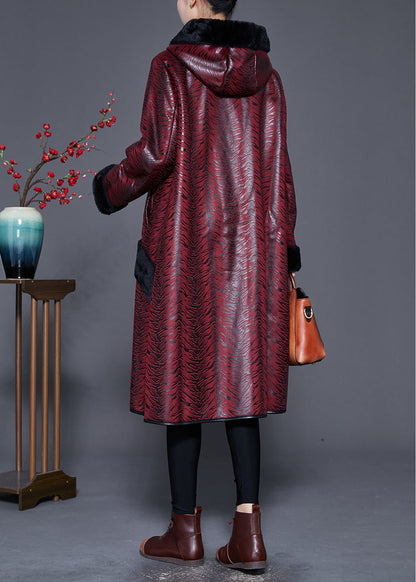 Dull Red Hooded Patchwork Warm Fleece Coats Winter