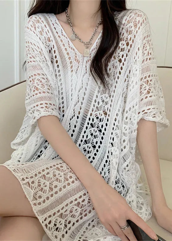White Patchwork Hollow Out Knit T Shirts Summer