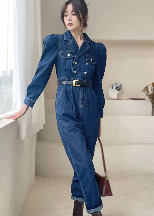 Dark Blue Puff Sleeve Denim Jumpsuit Spring