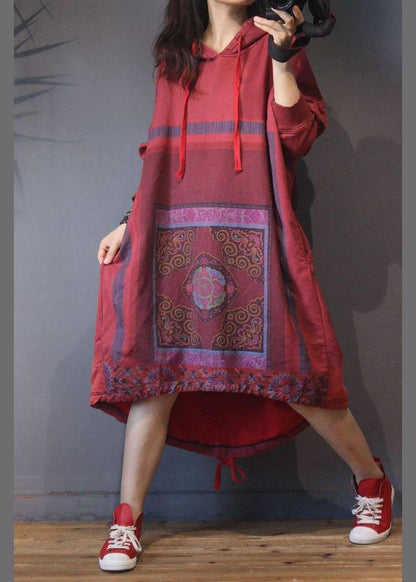 Natural Red Print Low High Design Dresses Summer Cotton Dress