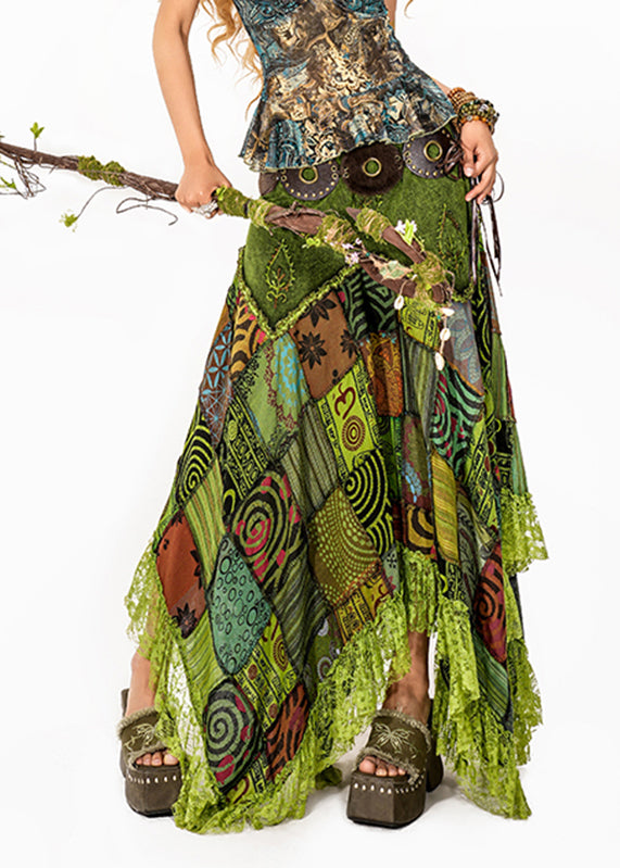 Green Print Lace Patchwork Maxi Skirt