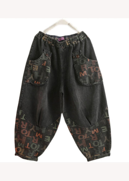 Black Pockets Graphic Print Denim Harem Pants Spring