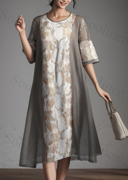 Classy Grey O Neck Print Patchwork Silk Dresses Summer