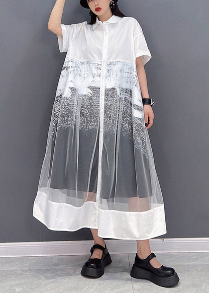 White Peter Pan Collar Patchwork Tulle Dress Short Sleeve