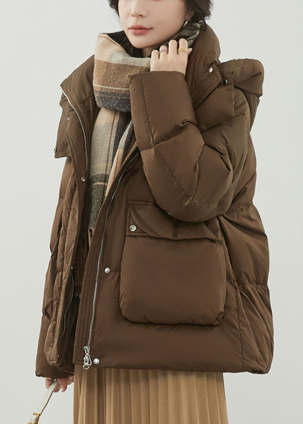 Coffee Zippered Pockets Patchwork Duck Down Coat Winter