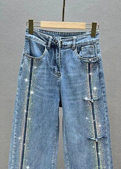 Blue Patchwork Zircon High Waist Wide Leg Jeans Fall
