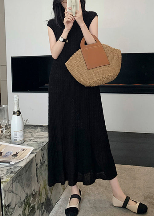 Black O-neck Knit Long Dresses Summer