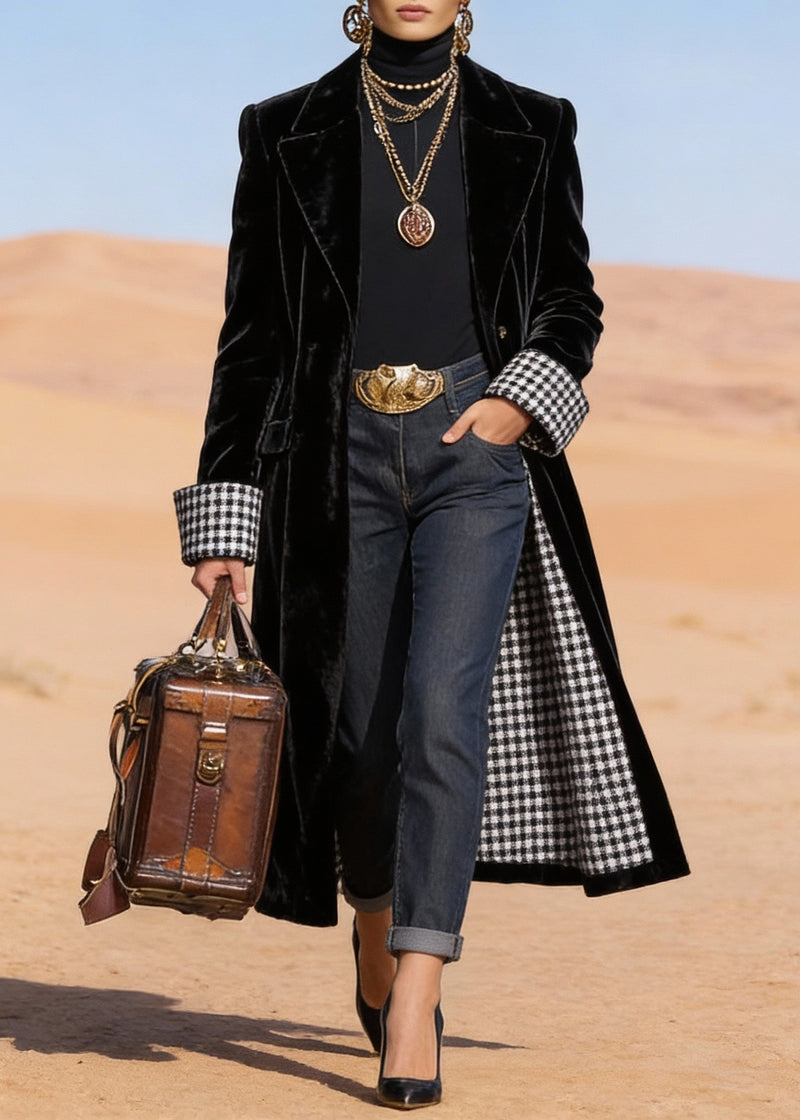 Black Peter Pan Collar Pockets Velvet Trench Spring