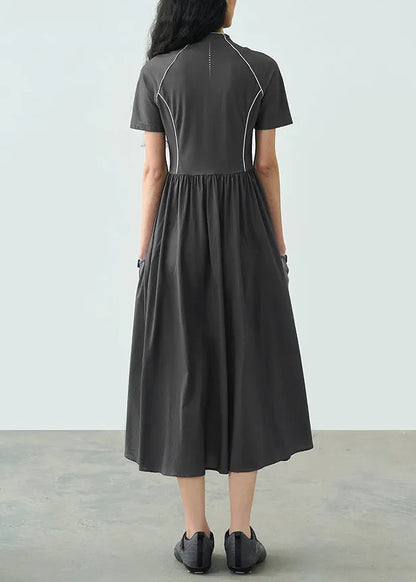 Summer Dark Grey Stand Collar Wrinkled Splicing Dress