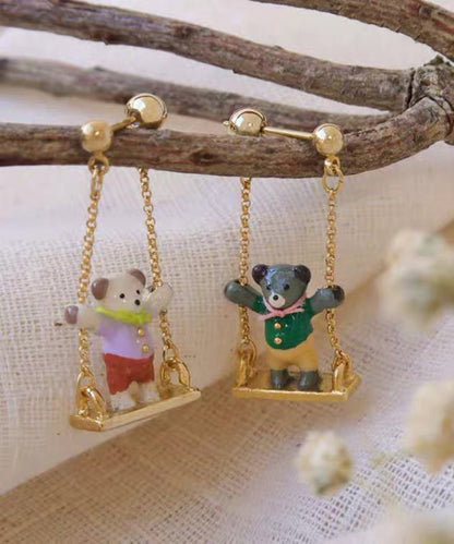 Gold Sterling Silver Overgild Asymmetric Teddy Bear Swinging on a Swing Drop Earrings