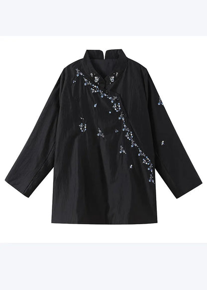 Black Mandarin Collar Embroidered Cotton Tops Fall