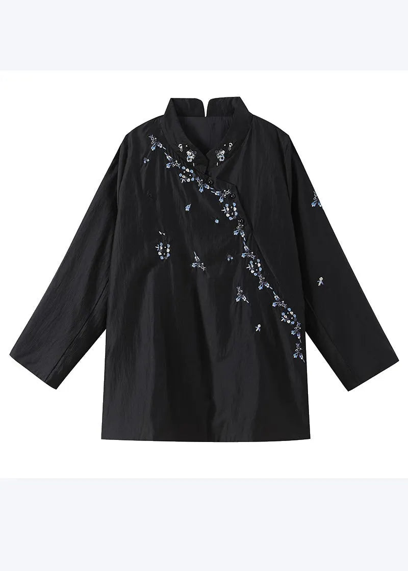 Black Mandarin Collar Embroidered Cotton Tops Fall