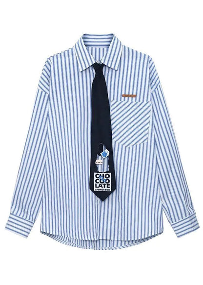 Boutique Blue Peter Pan Collar Button Pockets Fall Striped Shirt Top Long Sleeve