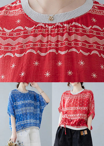 Vogue Red O-neck Print Drawstring T Shirt Summer
