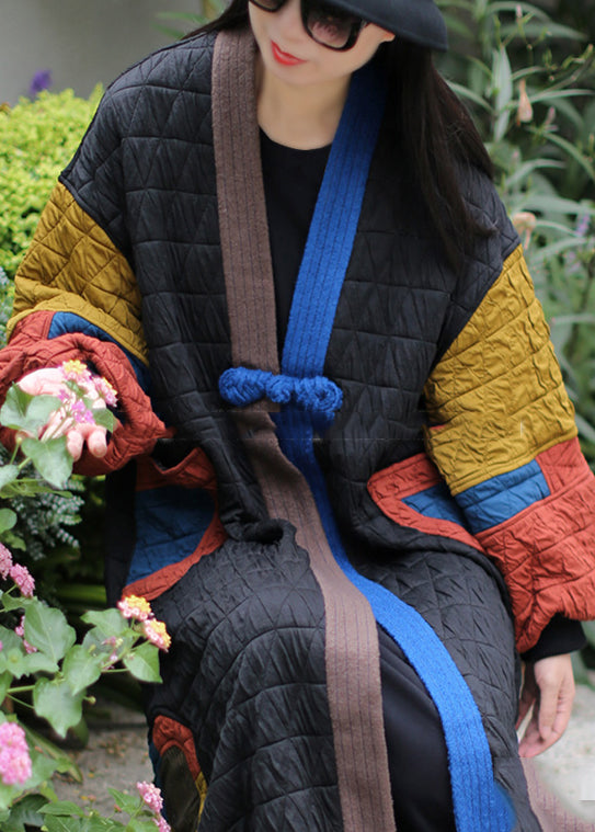 Art Black Chinese Button Patchwork Fine Cotton Filled Trench Winter