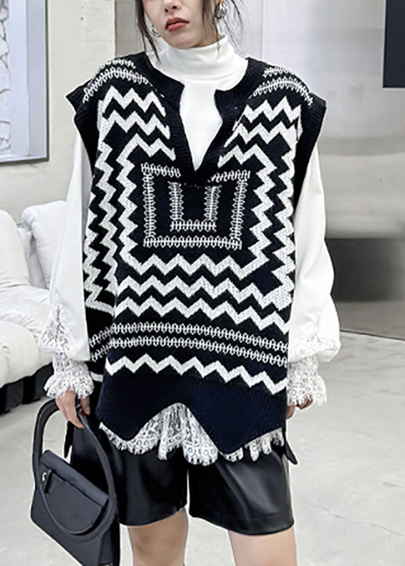 Black White Print V Neck Asymmetrical Thick Cotton Knit Waistcoat Sleeveless
