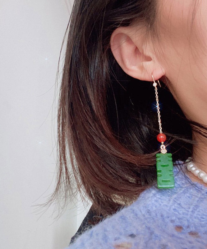 Dry Green Agate Sterling Silver Tassel Drop Earrings
