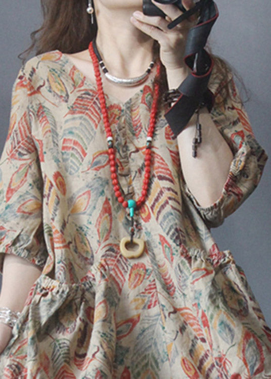 V Neck Print Pockets Linen Jumpsuit Half Sleeve