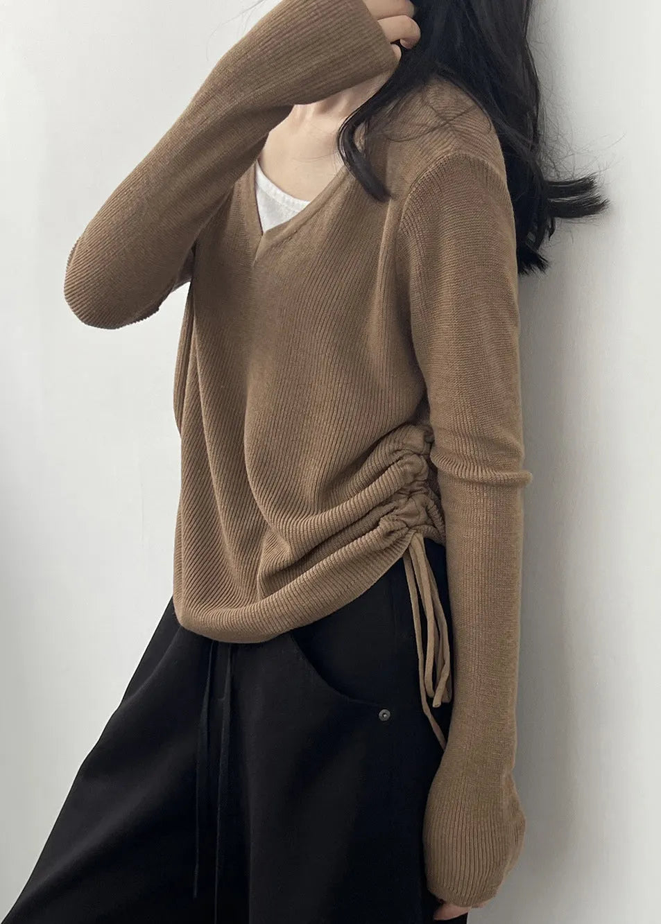 Coffee Cinched Knit Blouses V Neck Long Sleeve