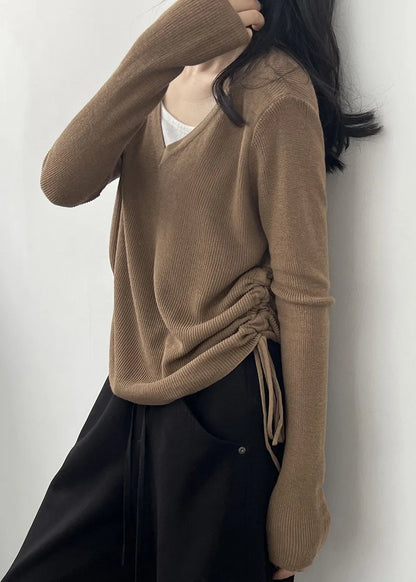 Coffee Cinched Knit Blouses V Neck Long Sleeve