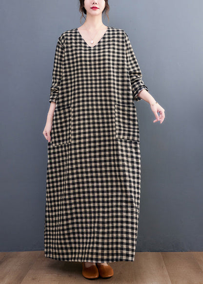 V Neck Plaid Pockets Cotton Long Dress Summer