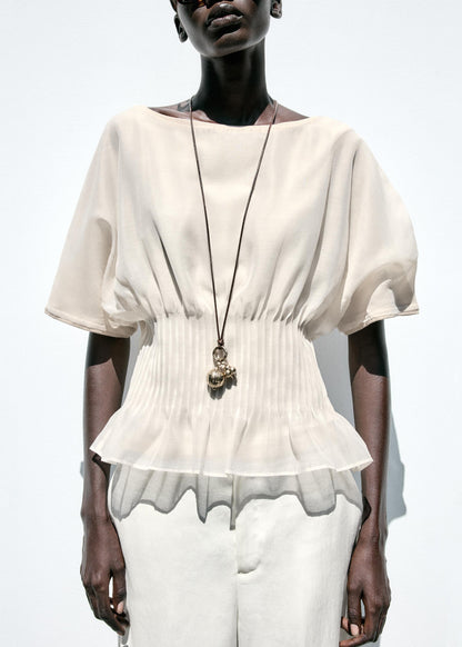Beige Wrinkled Tulle Patchwork Cotton Knit T Shirts Summer