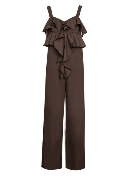Loose Brown Ruffled Patchwork Suspender Jumpsuits Sleeveles
