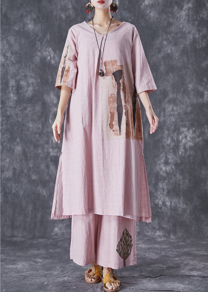 Italian Pink Oversized Print Linen Dress and Pants Sets 2 Pieces Summer