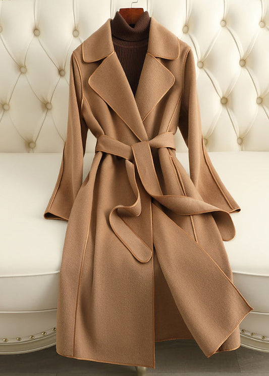 Camel Notched Patchwork Tie Waist Woolen Long Coats Fall