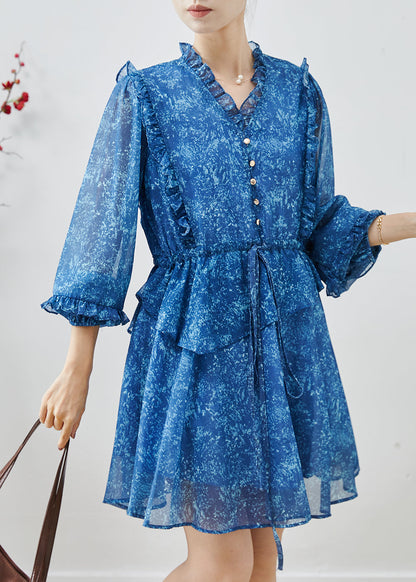 Stylish Blue Ruffled Print Chiffon Cinched Dresses Spring