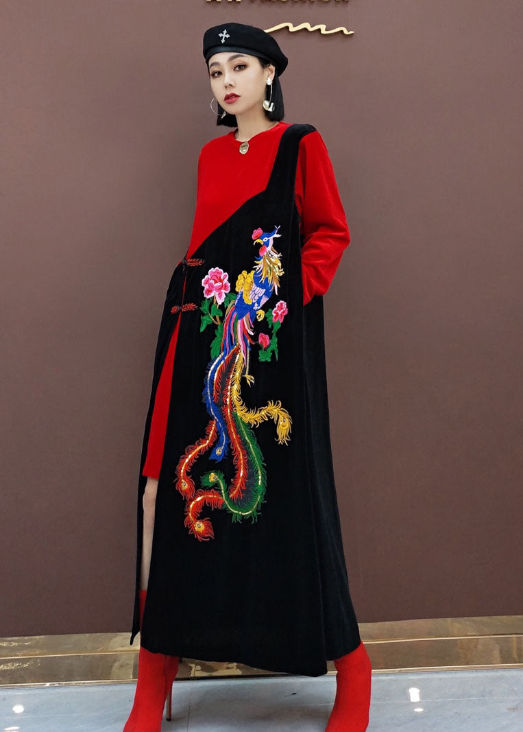Red Oriental Embroideried Patchwork Velour Long Dresses Spring
