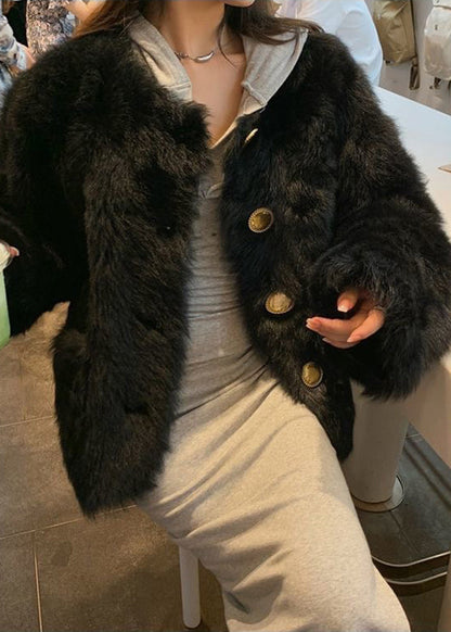 Diy White O-neck Button Thick Fluffy Coat Long Sleeve