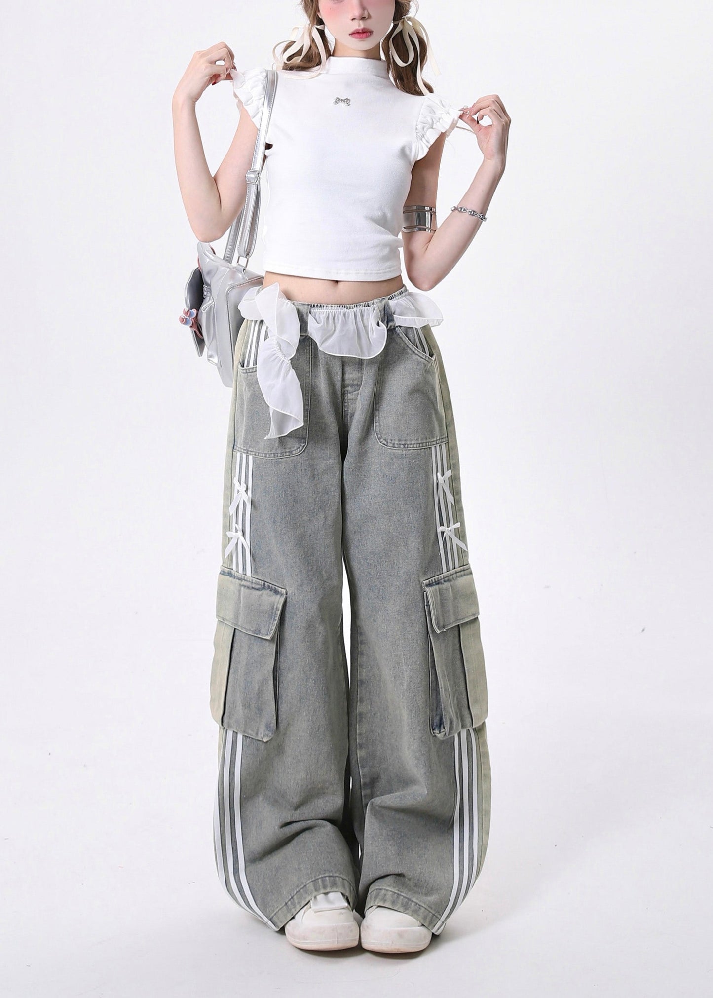 Modern Light Blue Elastic Waist Pockets Denim Pants Fall